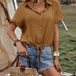 Drawstring Button Up Short Sleeve Blouse