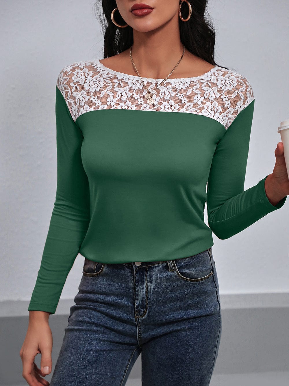 Lace Trim Long Sleeve Round Neck Tee