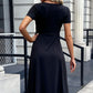 Casual Buttoned Short Sleeve Slit Midi Dress in Solid Black