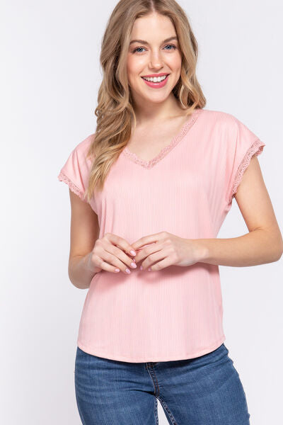ACTIVE BASIC Lace Trim V-Neck Short Sleeve Ribbed Top *