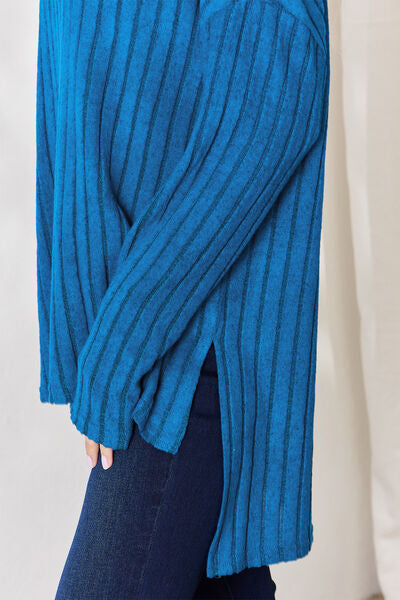 Basic Bae Full Size Ribbed Half Button Long Sleeve High-Low T-Shirt *