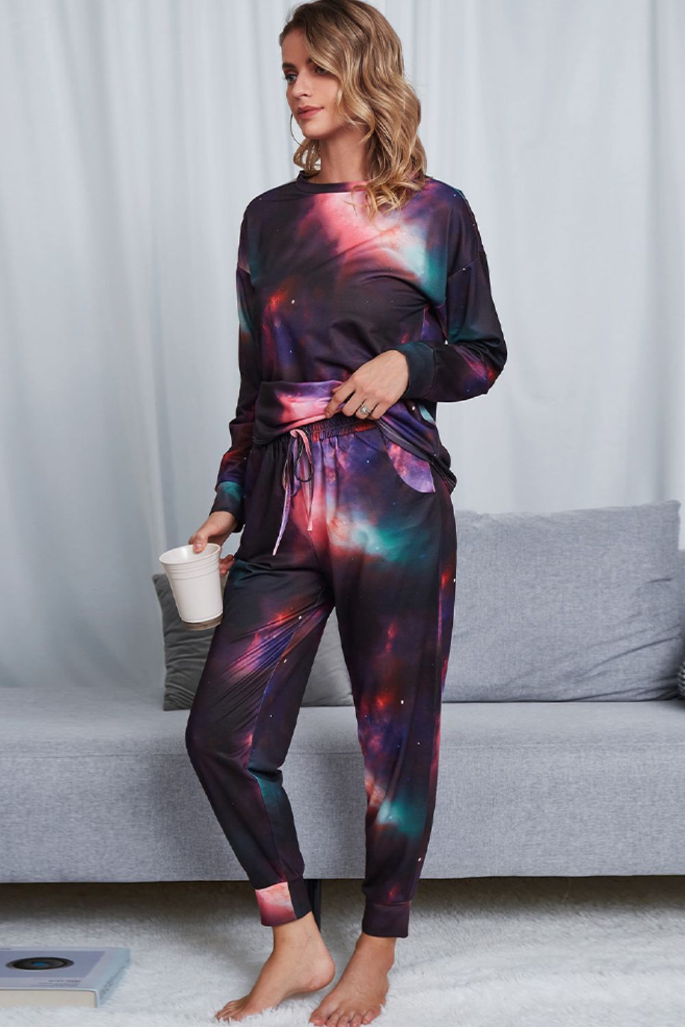 Women's Tie-Dye Crewneck Top and Drawstring Waist Joggers Lounge Set