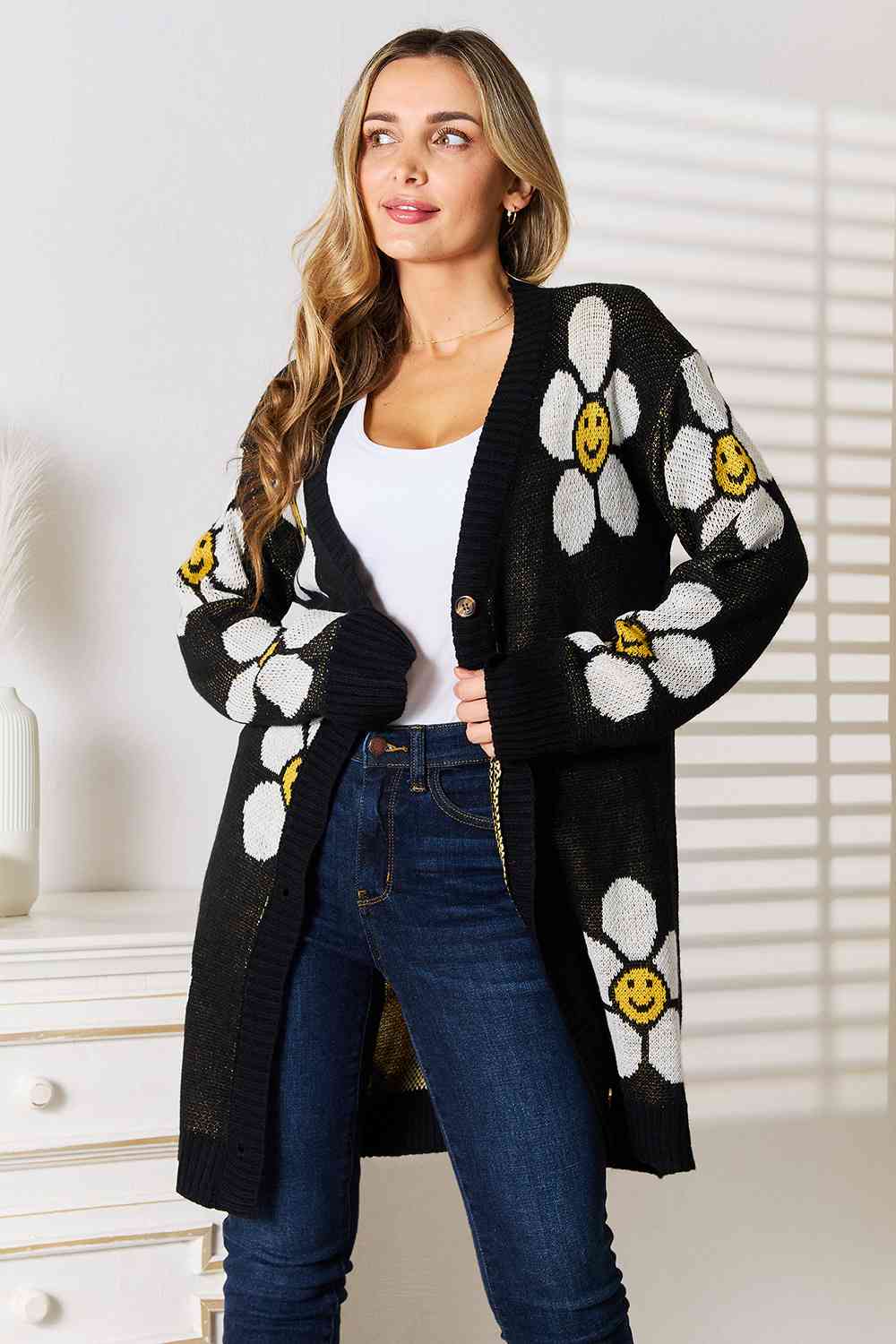 Double Take Floral Button Down Longline Cardigan *