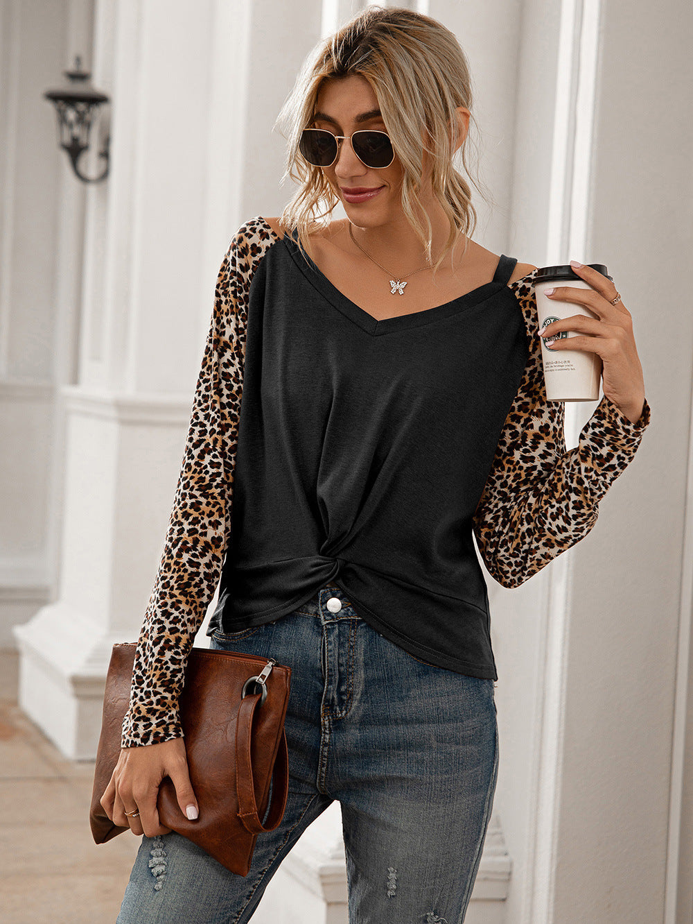 SOSPRING Leopard Twist Front Cold-Shoulder Tee