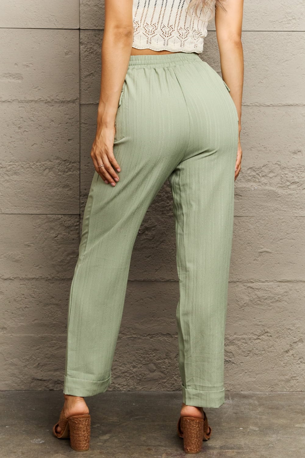 Light Green Tie Waist Long Pants