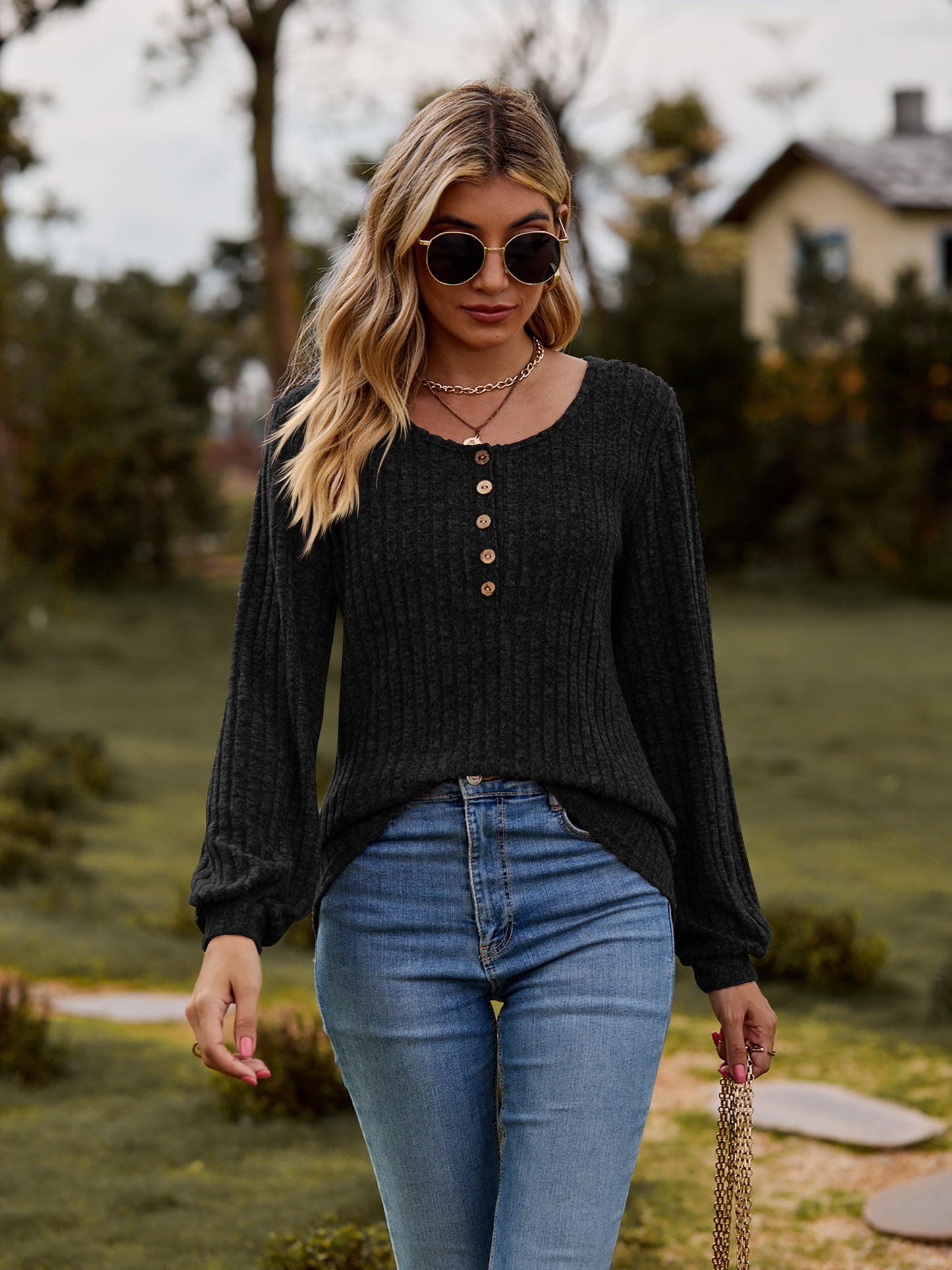 Full Size Round Neck Button-Down Long Sleeve Tee