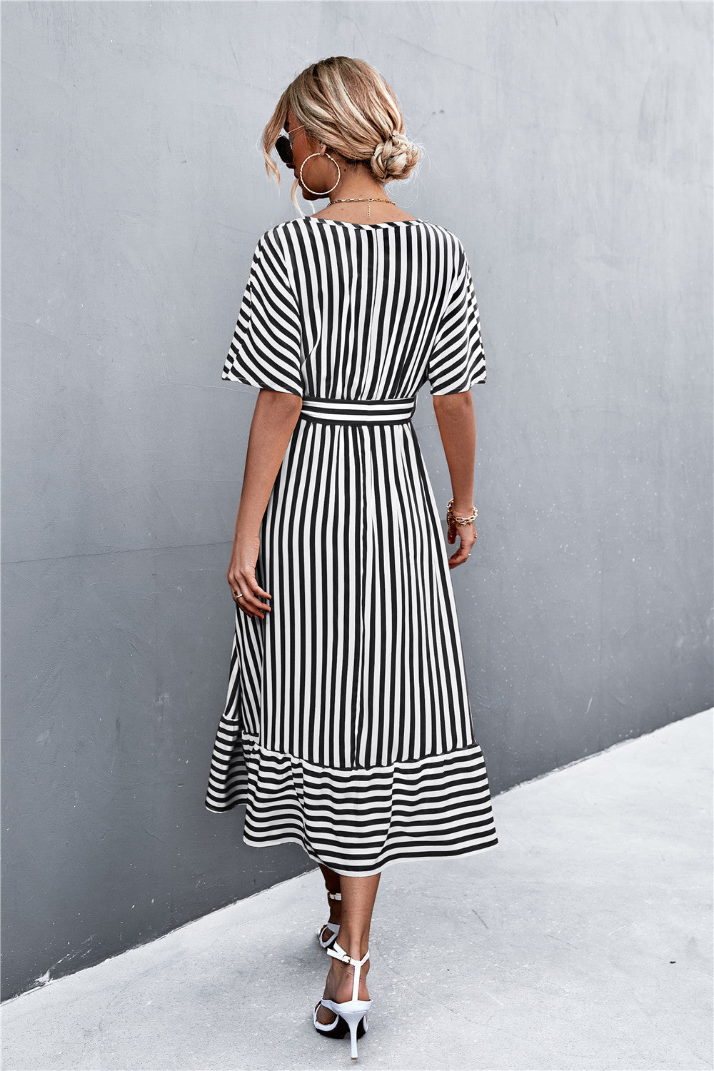 Short Sleeved Striped Tie Belt Casual Midi Dress