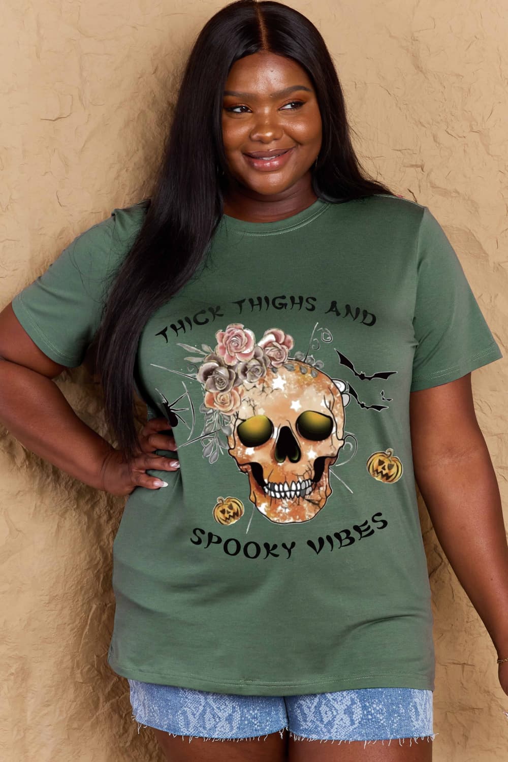 Simply Love Full Size Halloween THICK THIGHS AND SPOOKY VIBES Graphic Cotton T-Shirt