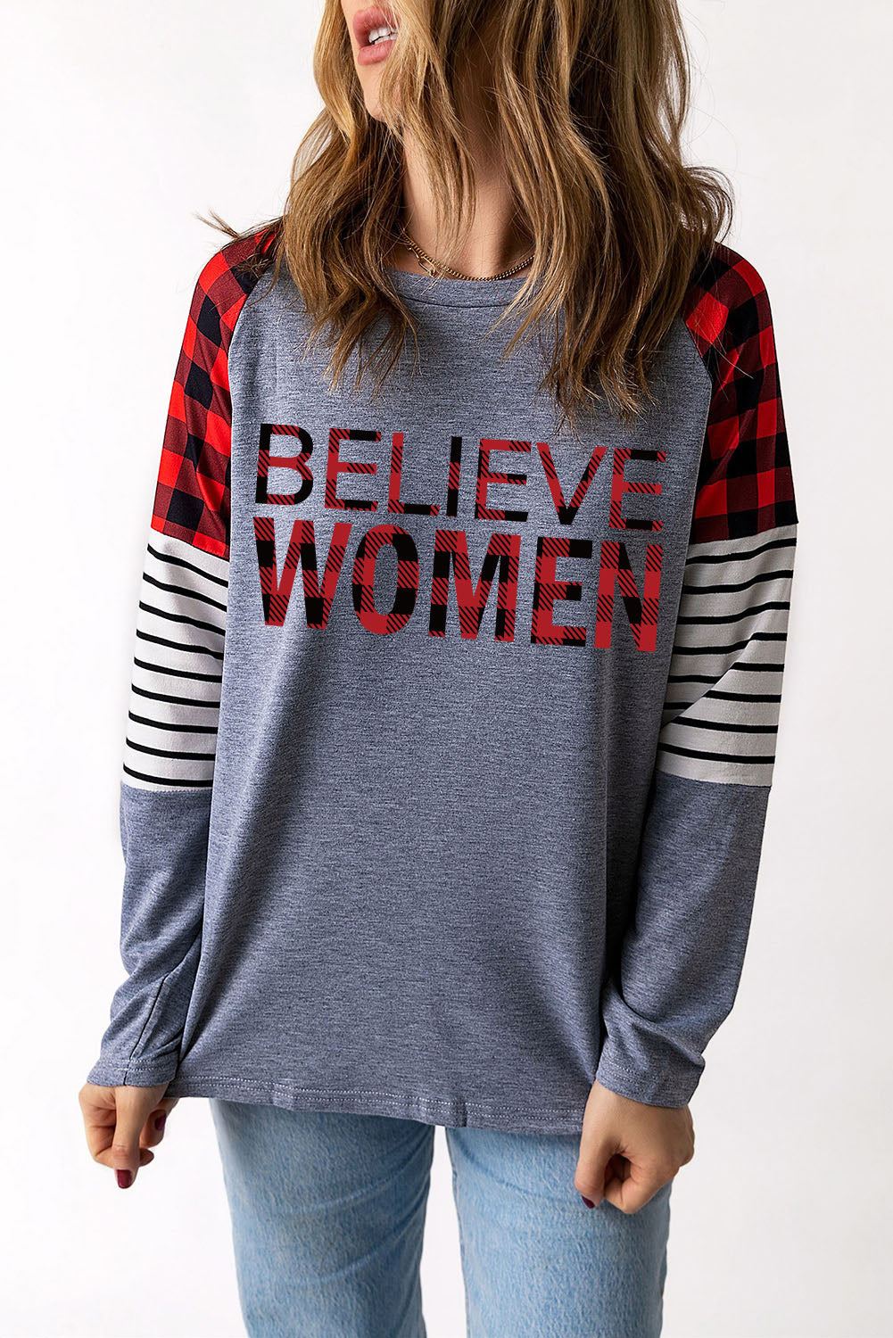 Women's Full Size BELIEVE WOMEN Plaid Striped Raglan Sleeve Top