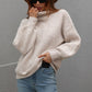Woven Right High Neck Balloon Sleeve Rib-Knit Pullover Sweater