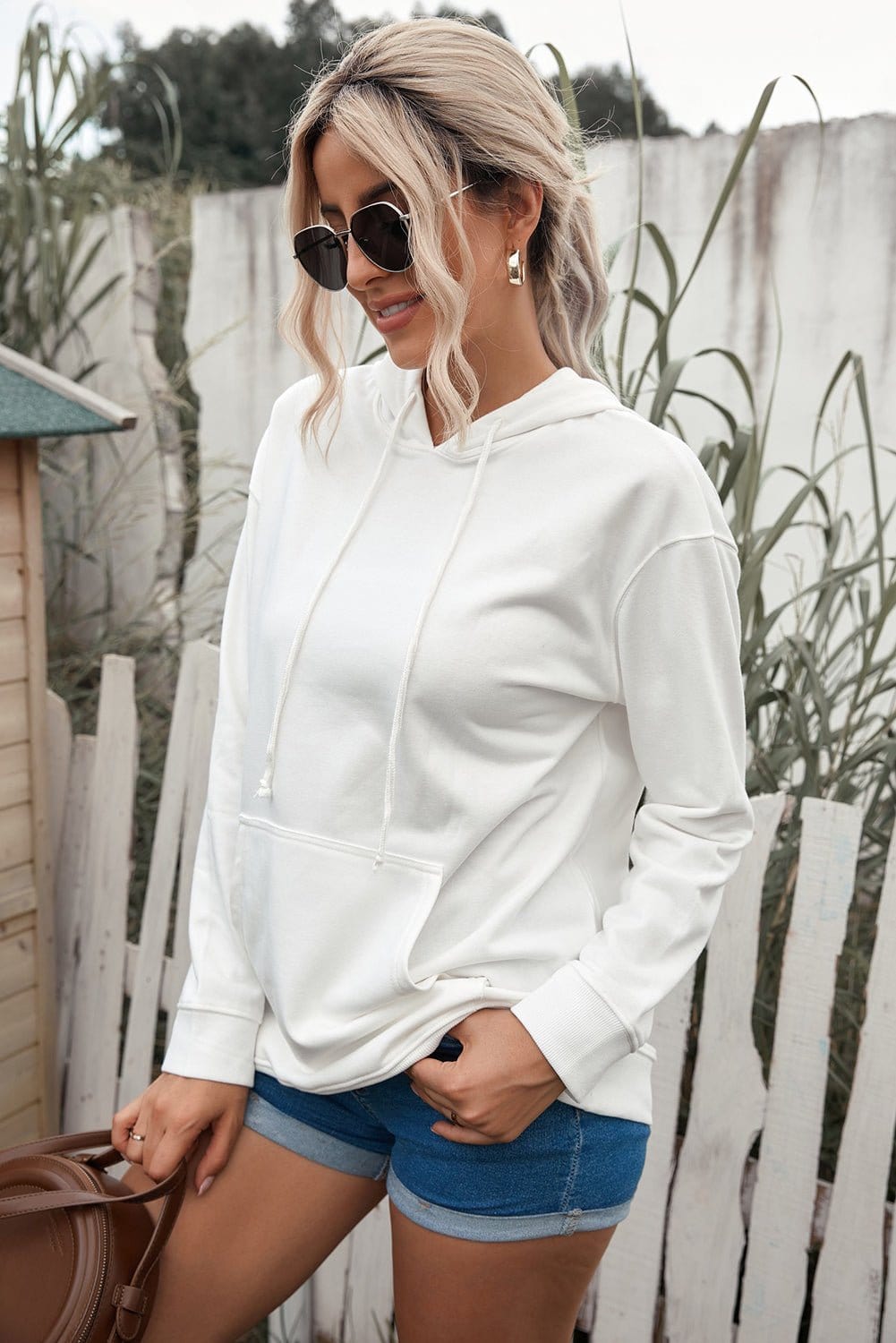 Jodynn Full Size White Dropped Shoulder Hoodie with Kangaroo Pocket