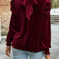 Women's Ava Tie Up Mock Neck Velvet Fabric Long Sleeve Blouse