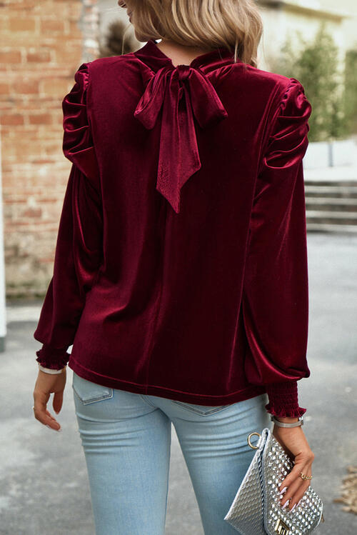 Women's Ava Tie Up Mock Neck Velvet Fabric Long Sleeve Blouse