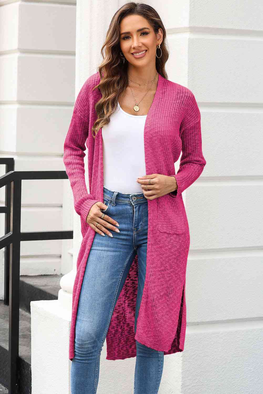 Full Size Open Front Slit Cardigan with Pockets