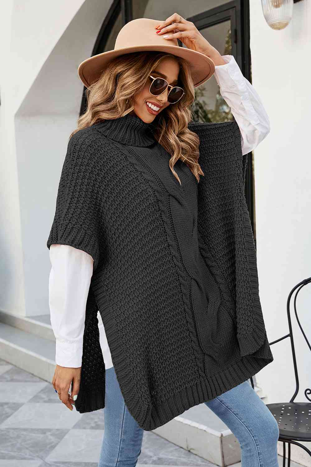 KnittedEmporium Cable-Knit Turtleneck Slit Sweater
