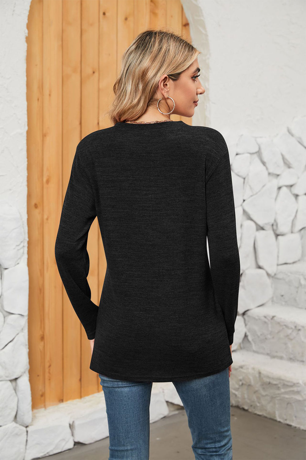 Full Size Notched Neck Long Sleeve T-Shirt