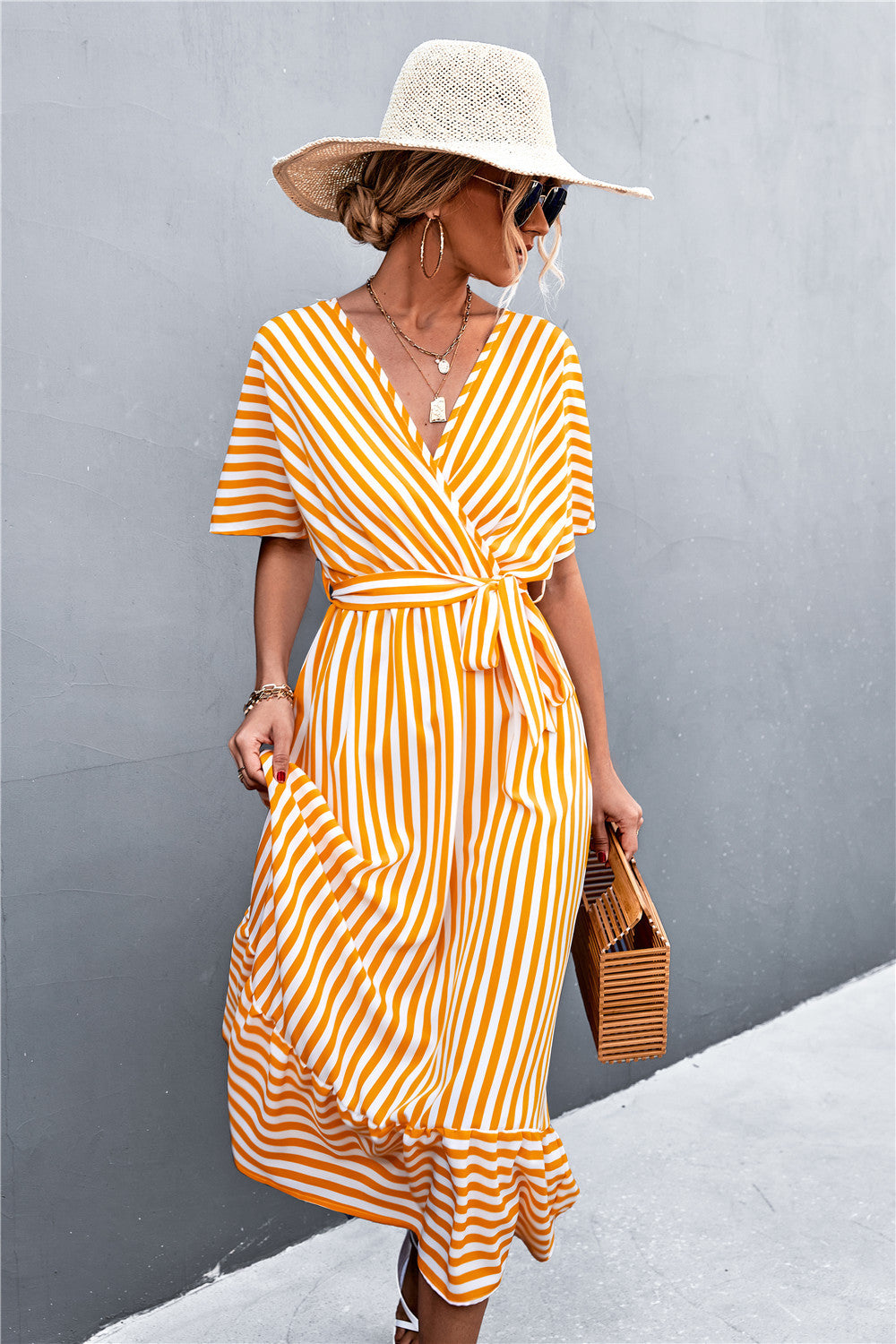 Short Sleeved Striped Tie Belt Casual Midi Dress