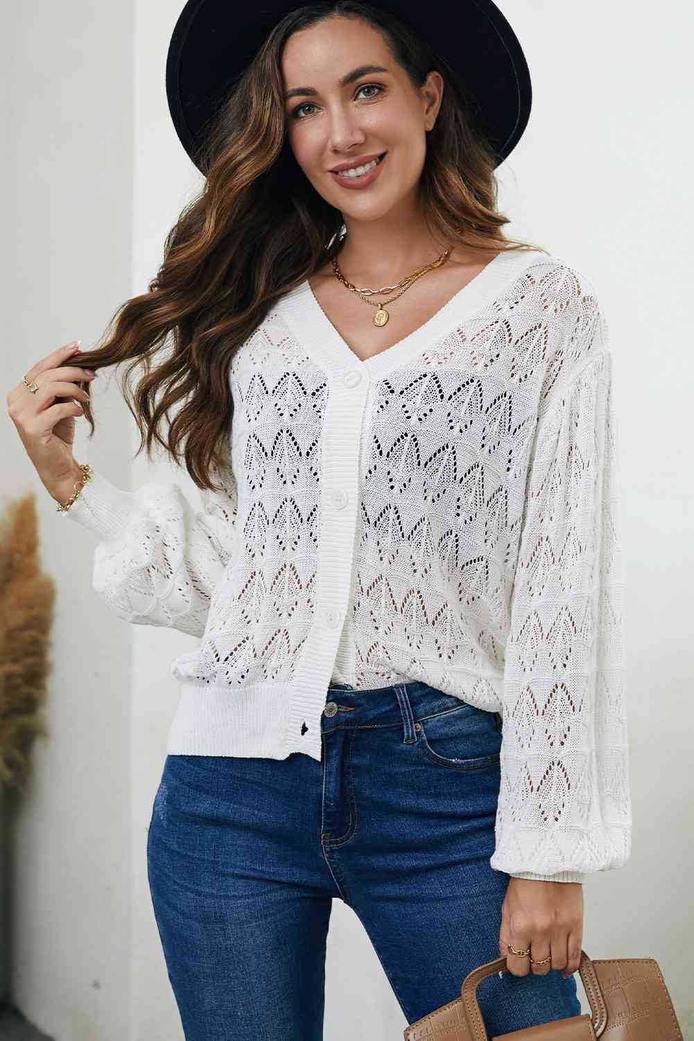 Full Size Openwork V-Neck Cardigan