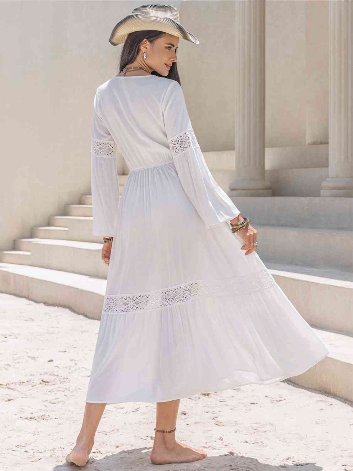 Amelia Tie Neck Long Sleeve Midi Tiered Dress