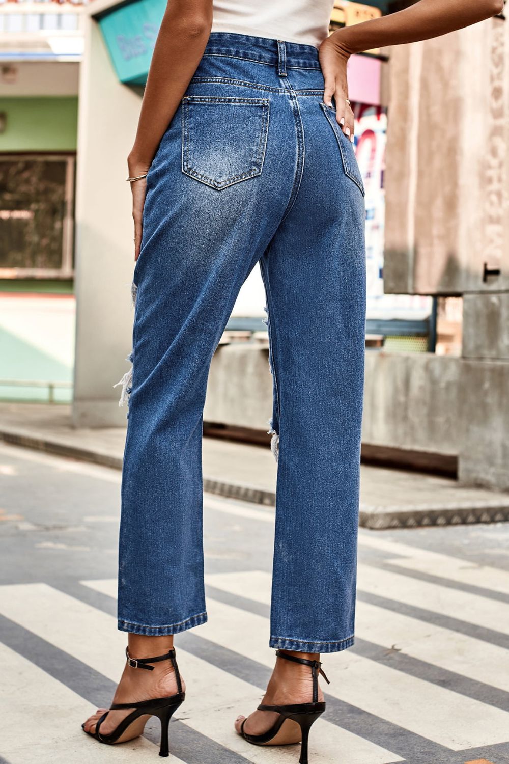 BeyondYou Distressed Buttoned Jeans with Pockets