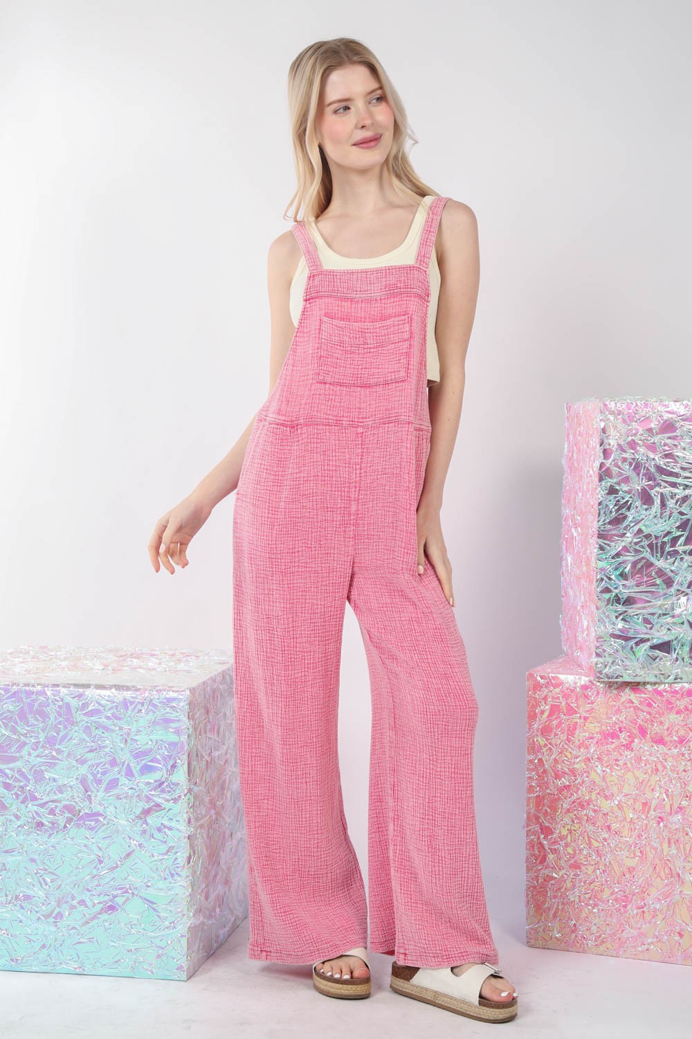 VERY J Texture Washed Wide Leg Overalls *