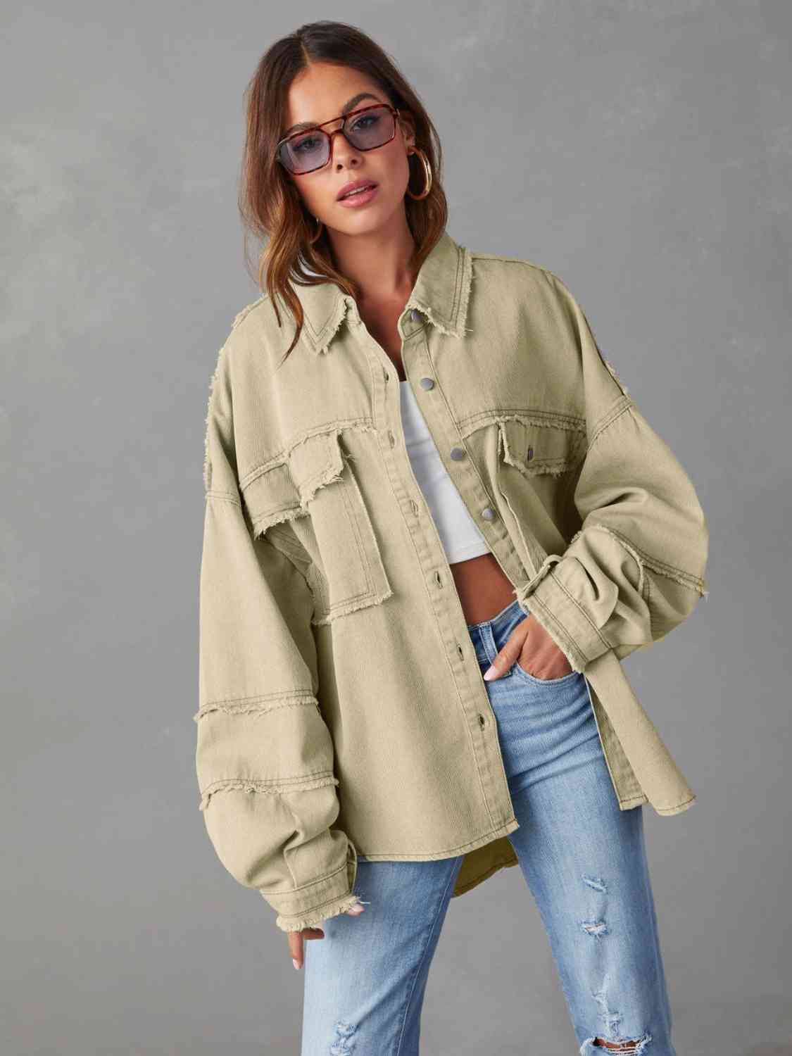 Full Size Dropped Shoulder Raw Hem Jacket