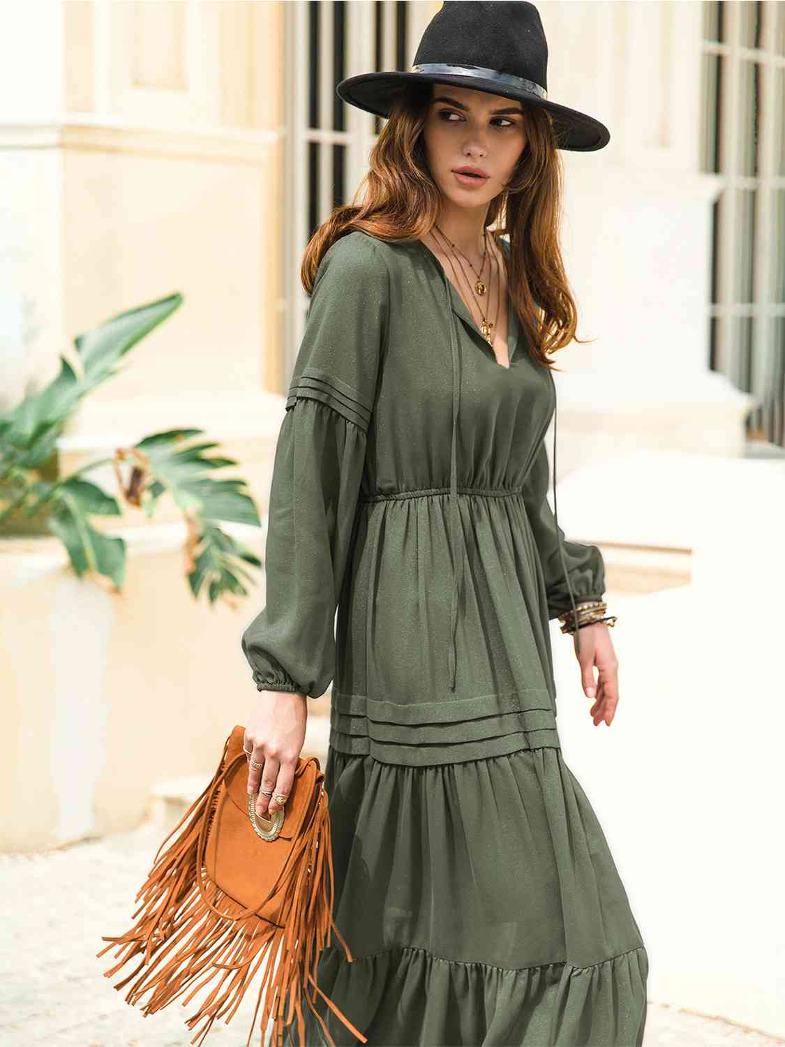 Amelia Tie Neck Long Sleeve Midi Tiered Dress