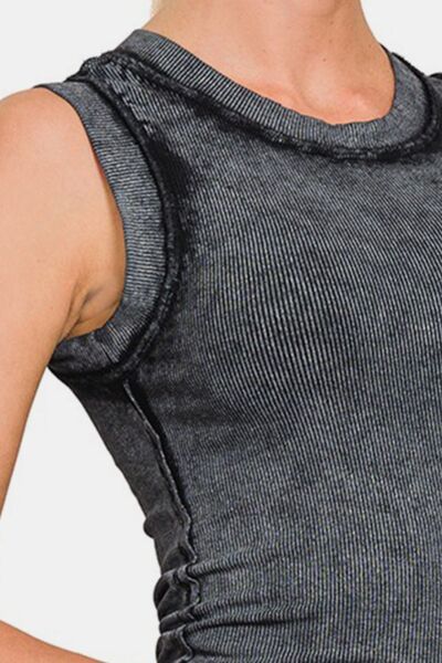 Zenana Washed Ribbed Round Neck Slim Tank *