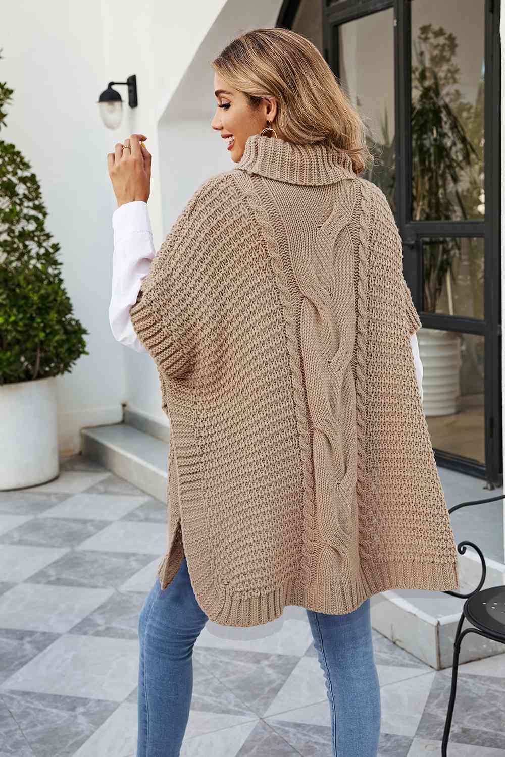 KnittedEmporium Cable-Knit Turtleneck Slit Sweater