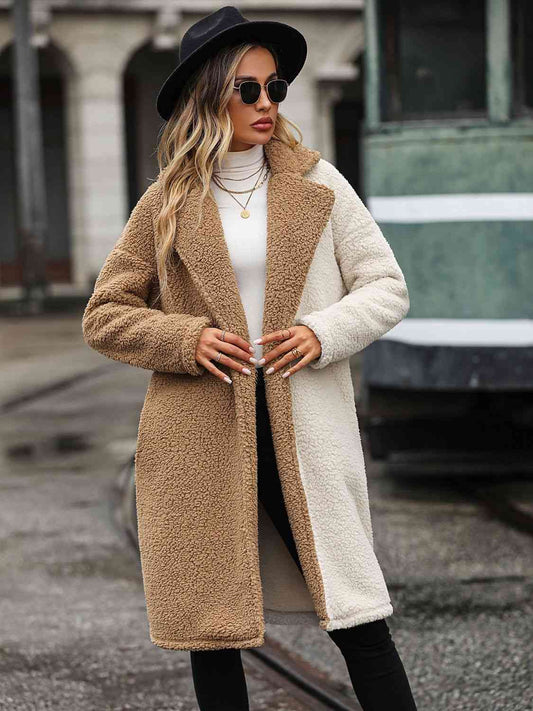 Adrien Planet Camel Full Size Contrast Dropped Shoulder Sherpa Coat