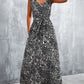 Full Size Printed V-Neck Tie Waist Maxi Dress