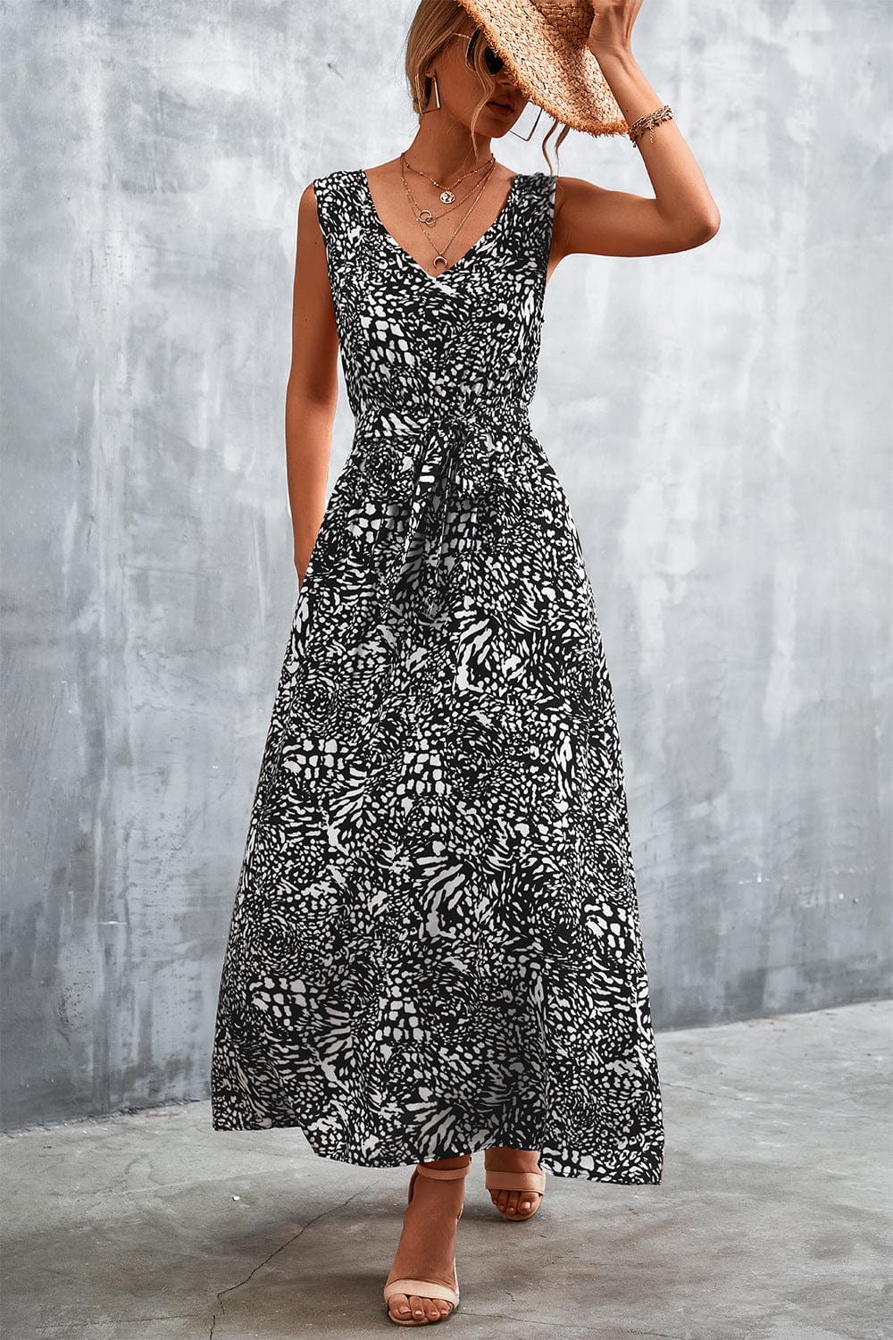 Full Size Printed V-Neck Tie Waist Maxi Dress