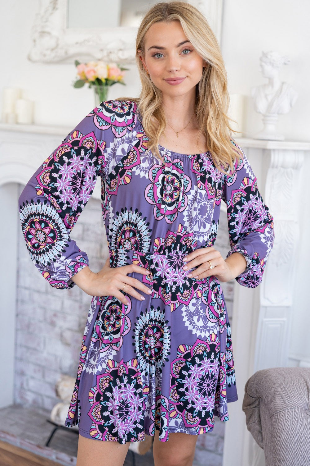 White Birch Printed Long Sleeve Mini Dress with Short Liner *