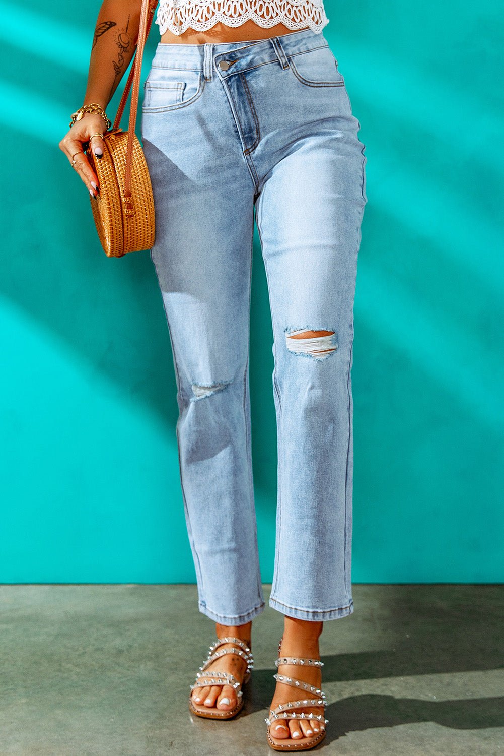 BEYOND CHIC Blue High Waist Distressed Straight Leg Jeans