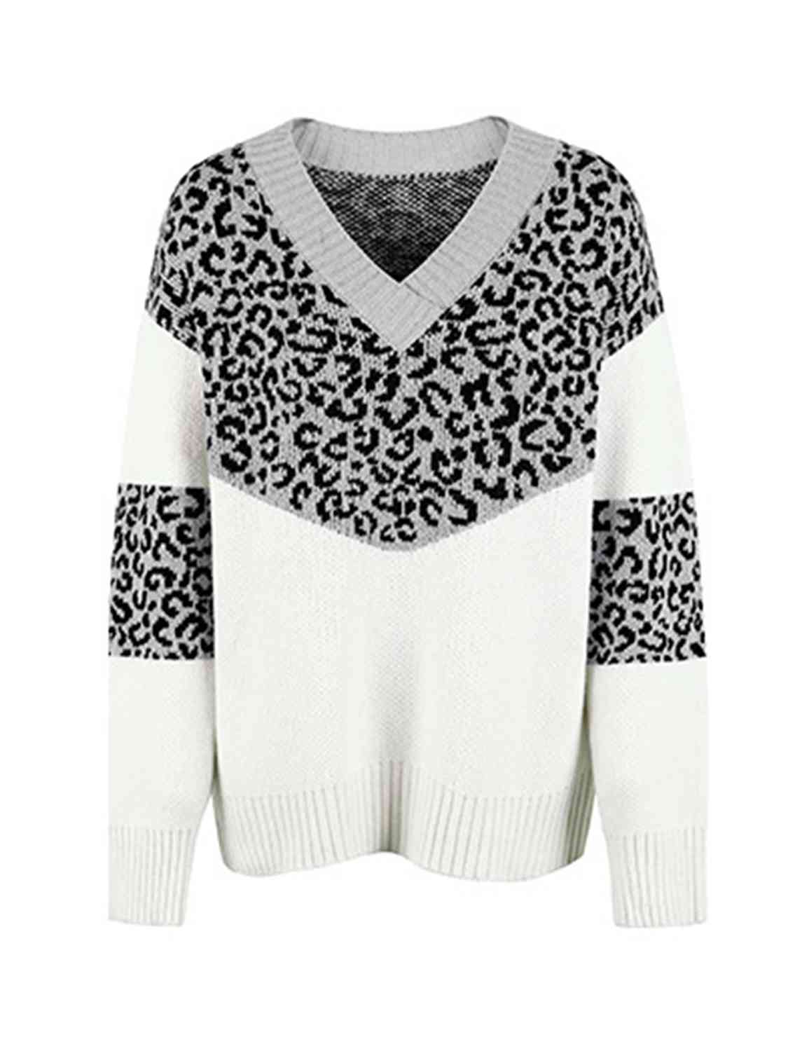 KnitwearTime Leopard V-Neck Dropped Shoulder Sweater