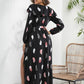 OhSoMidi Black Printed Tie Front Ruffle Trim Long Sleeve Dress