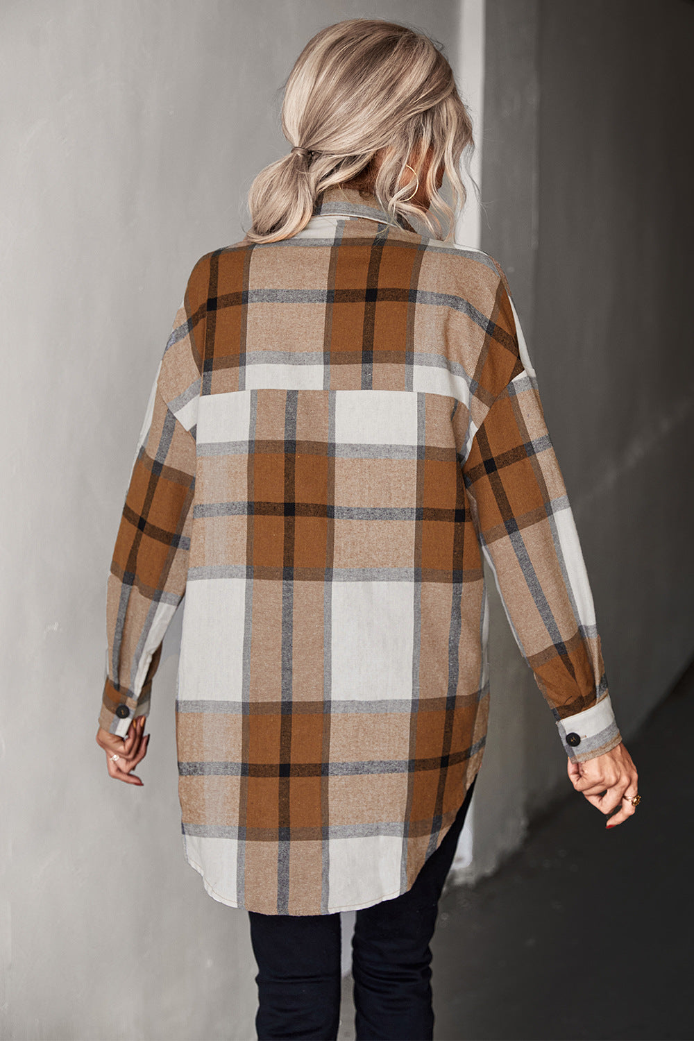 Adriana & Bae Plaid Collared Neck Longline Shirt