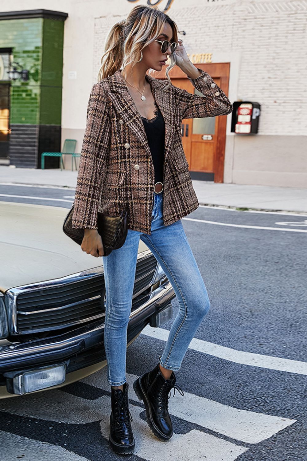 Women's Full Size Plaid Buttoned Blazer