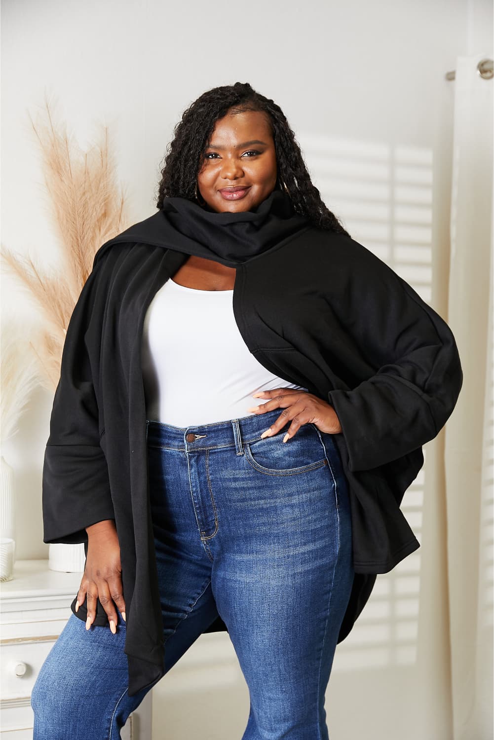 HEYSON Full Size Open Front Black Cardigan with Scarf Design