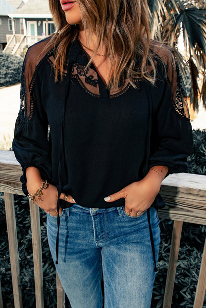 Women's Full Size Embroidered Tie-Neck Puff Sleeve Blouse