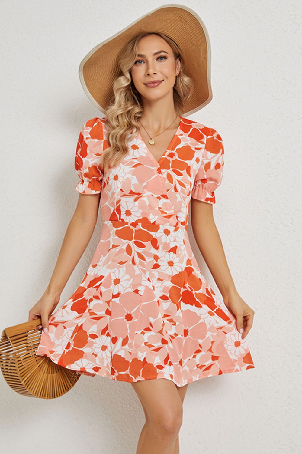 Floral Surplice Neck Flounce Sleeve Dress