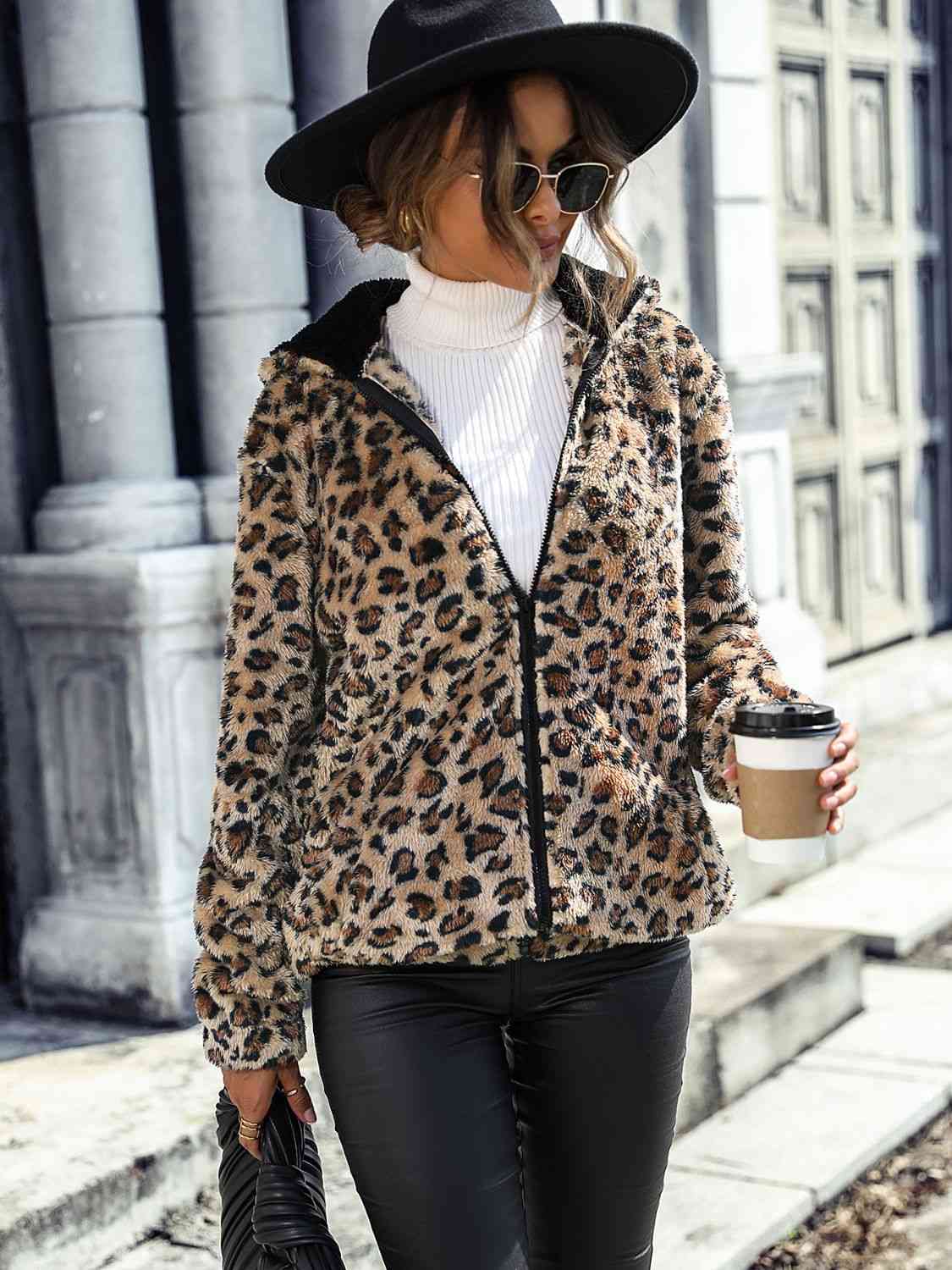 Maya Full Size Leopard Zip-Up Camel Brown Hooded Jacket