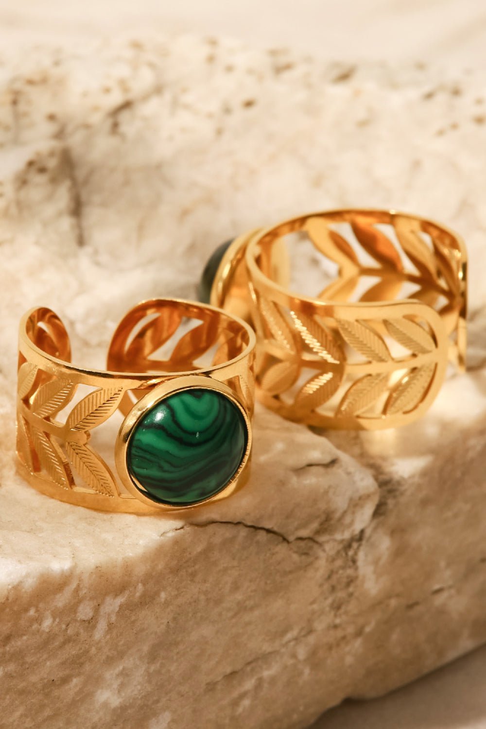 18k Women's Gold Plated Malachite Leaf Ring