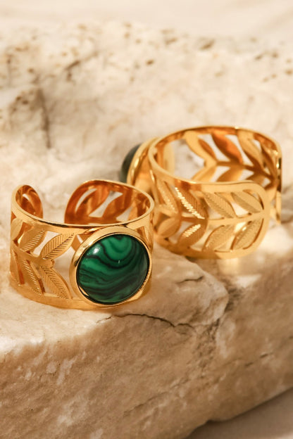 18k Women's Gold Plated Malachite Leaf Ring