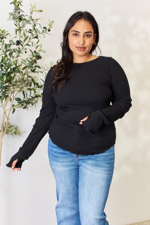 Culture Code Full Size Ribbed Round Neck Long Sleeve Top *