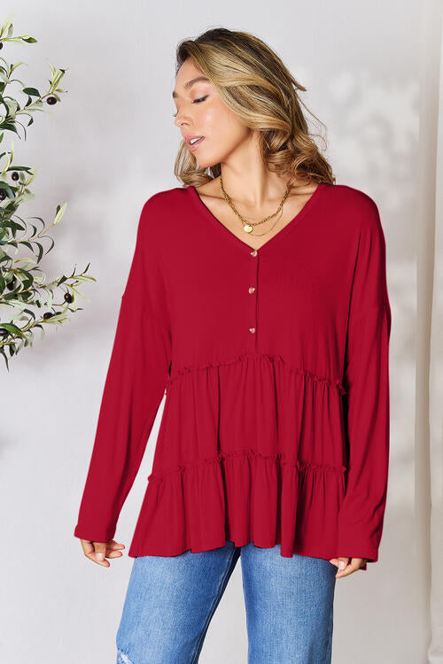 Double Take Half Button Long Sleeve Ruffle Hem Blouse *
