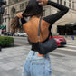 AuroraBlissX Backless Round Neck Long Sleeve Blouse