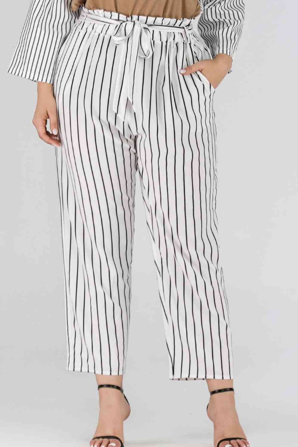 Full Size PantsPlace Striped Paperbag Waist White Cropped Pants