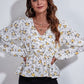 Floral V-Neck Balloon Sleeve Peplum Blouse