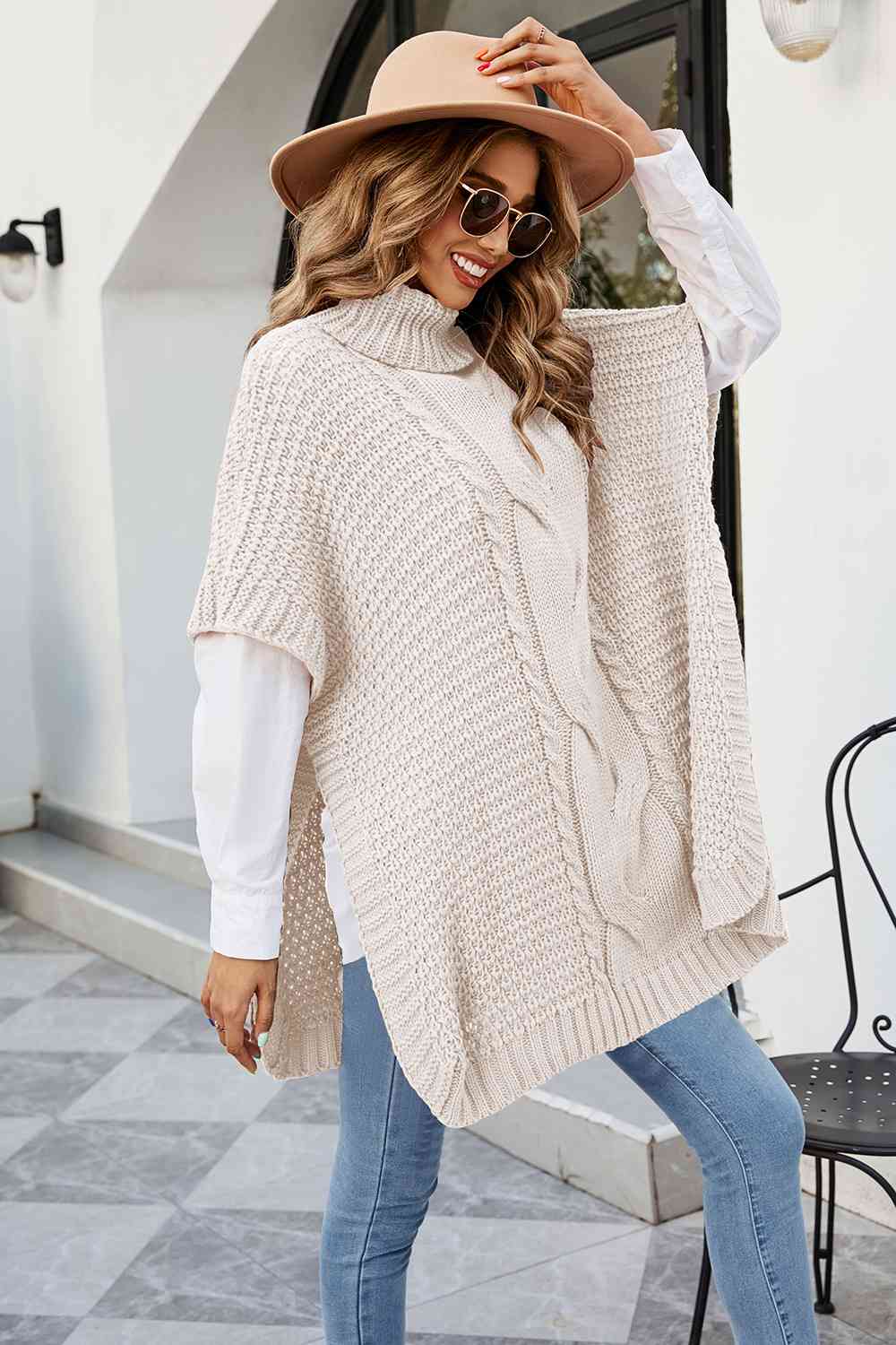 KnittedEmporium Cable-Knit Turtleneck Slit Sweater